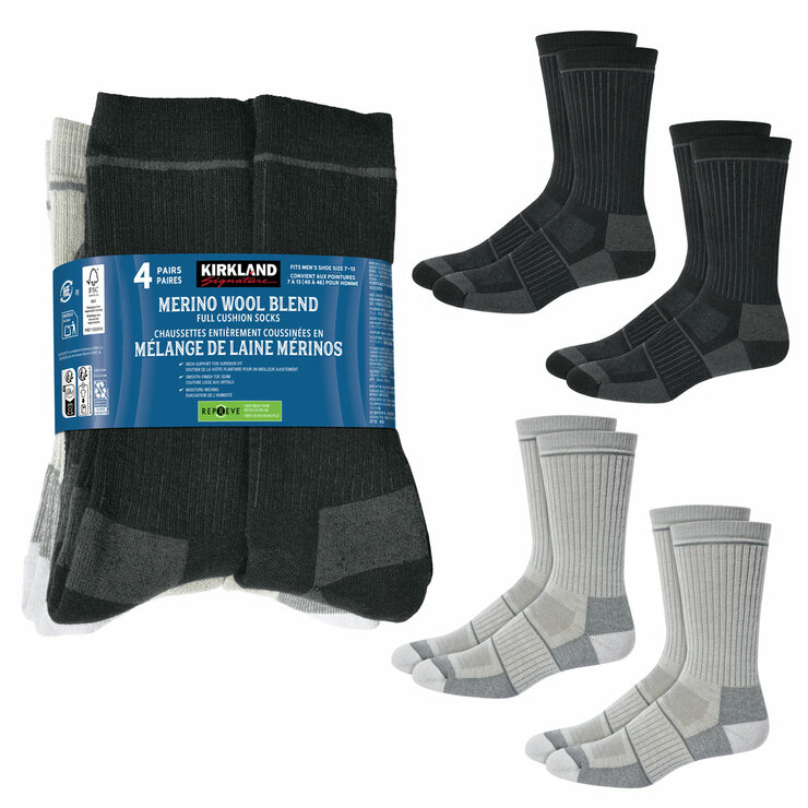 Kirkland Signature Mens' Merino Wool Sock, 4 Pack