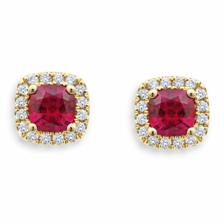 Cushion Cut Ruby & 0.13ctw Diamond Halo Earrings, 18ct Yellow Gold