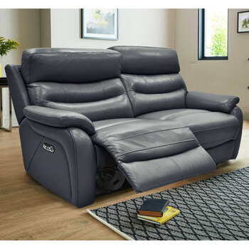 Fletcher Blue Leather Power Reclining Large 2 Seater Sofa with Power Headrest