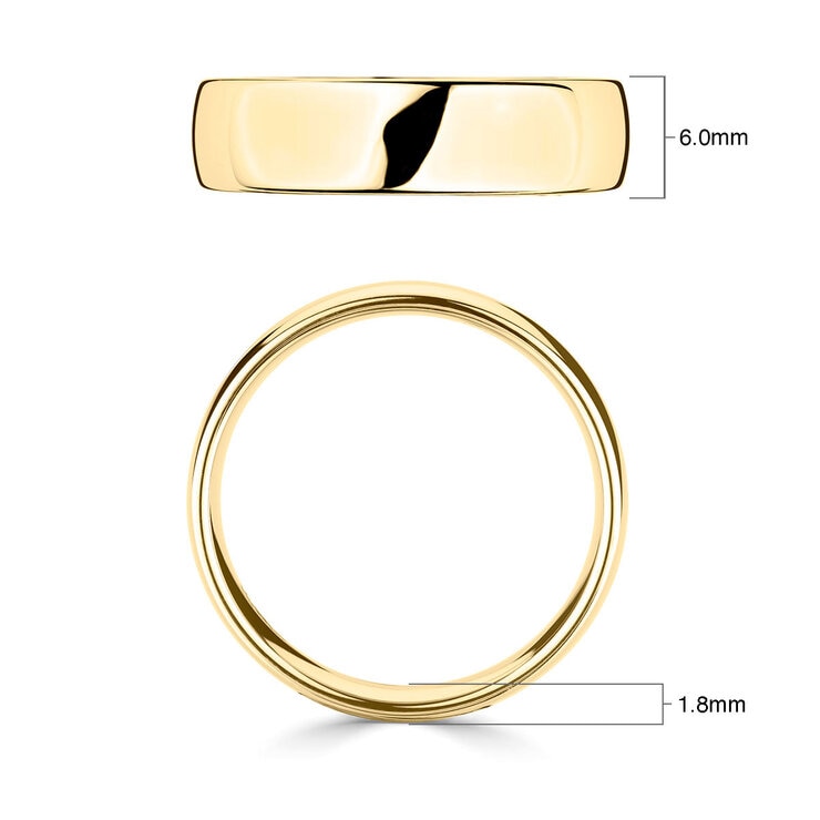 6.0mm Basic Court Wedding band. 18ct Yellow Gold