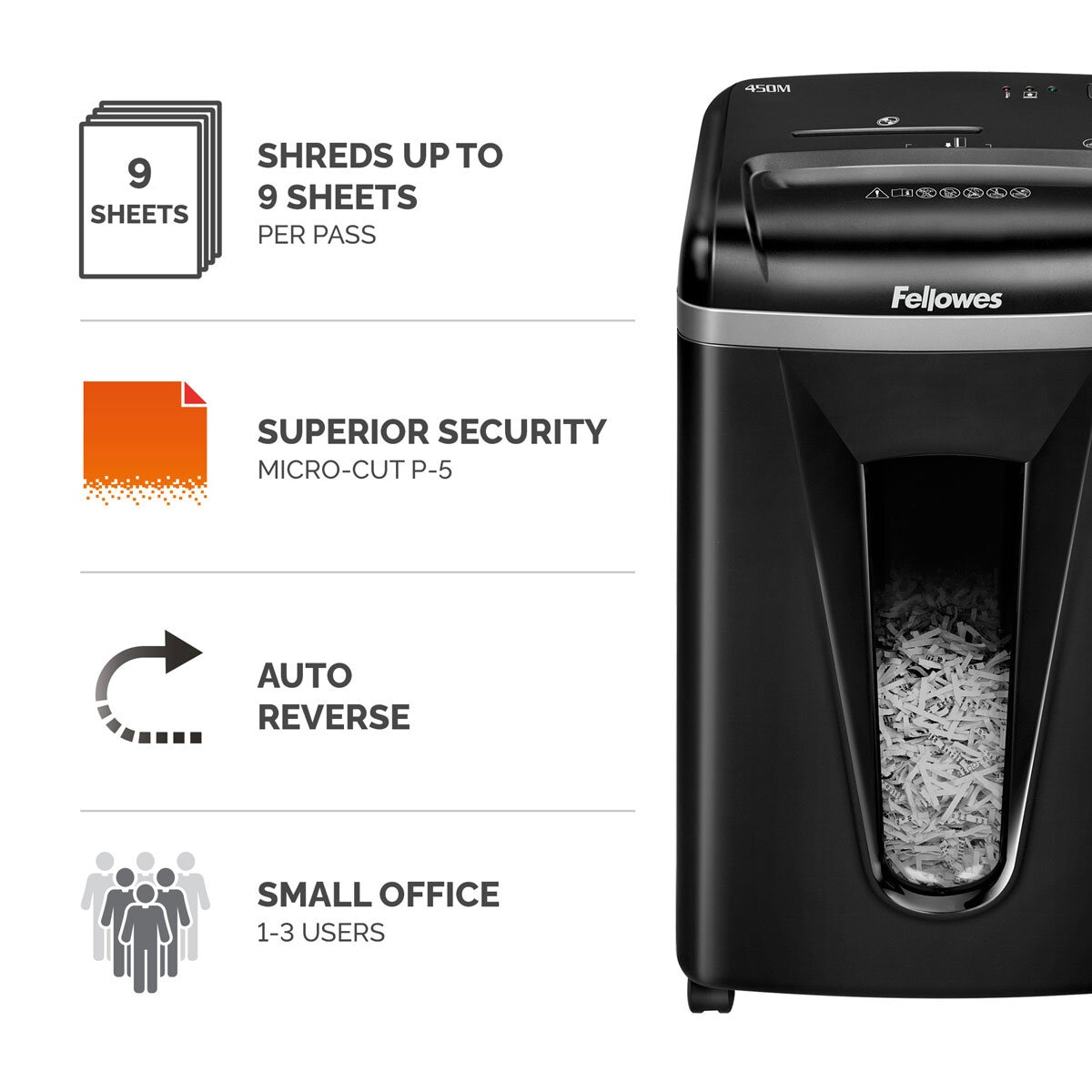 Fellowes Powershred 450M Micro Cut Shredder 9 Sheet Infographic Image