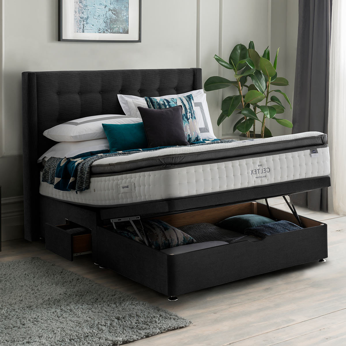 Silentnight Ottoman Divan Base with Bloomsbury Headboard in Ebony in 3 Sizes