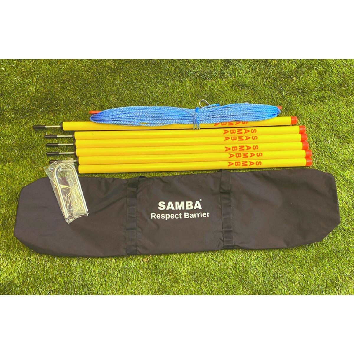 Lifestyle image showing the included rope, clips, poles, ground anchors and carry bag