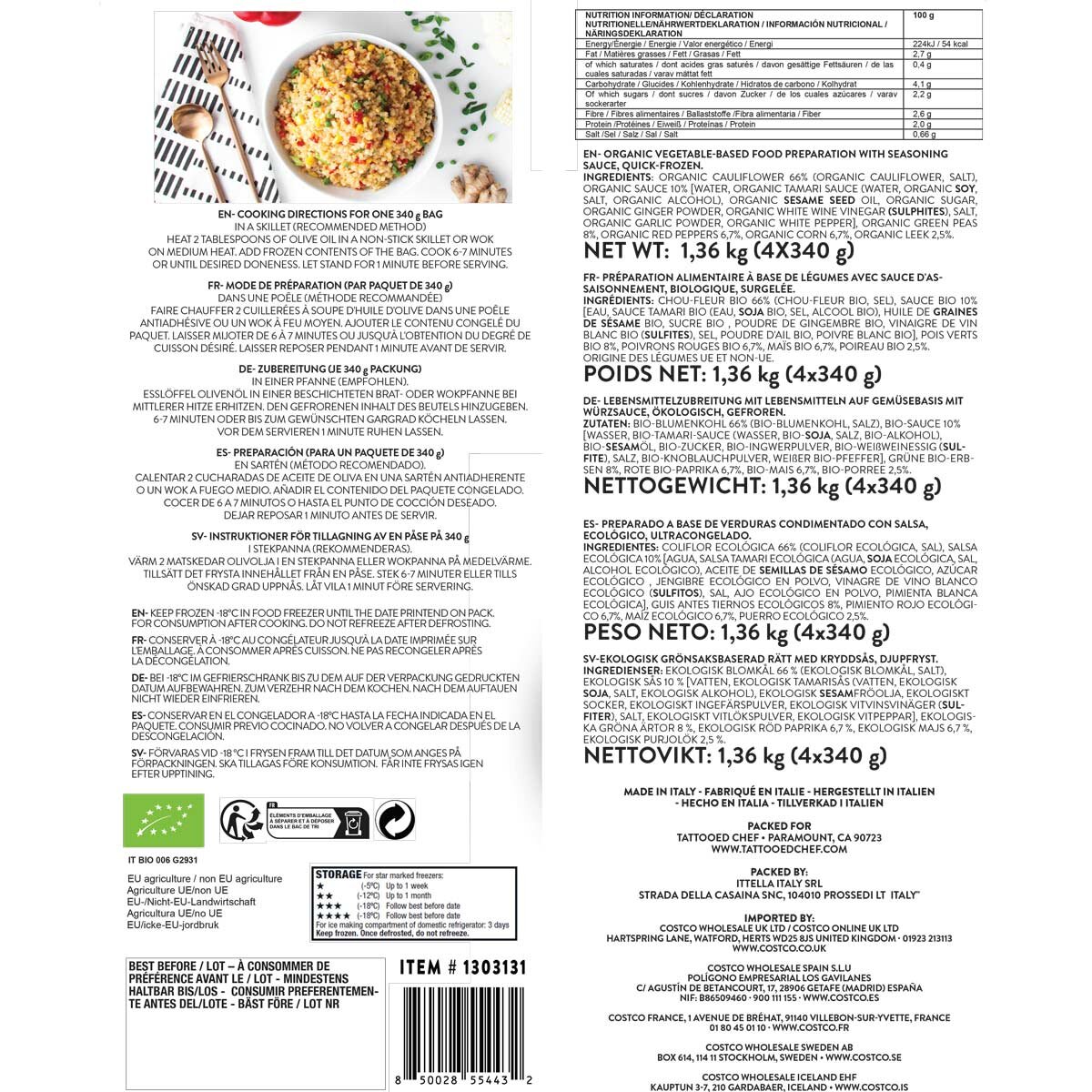 Tattooed Chef Organic Riced Cauliflower Stir-Fry, 4 x 340g