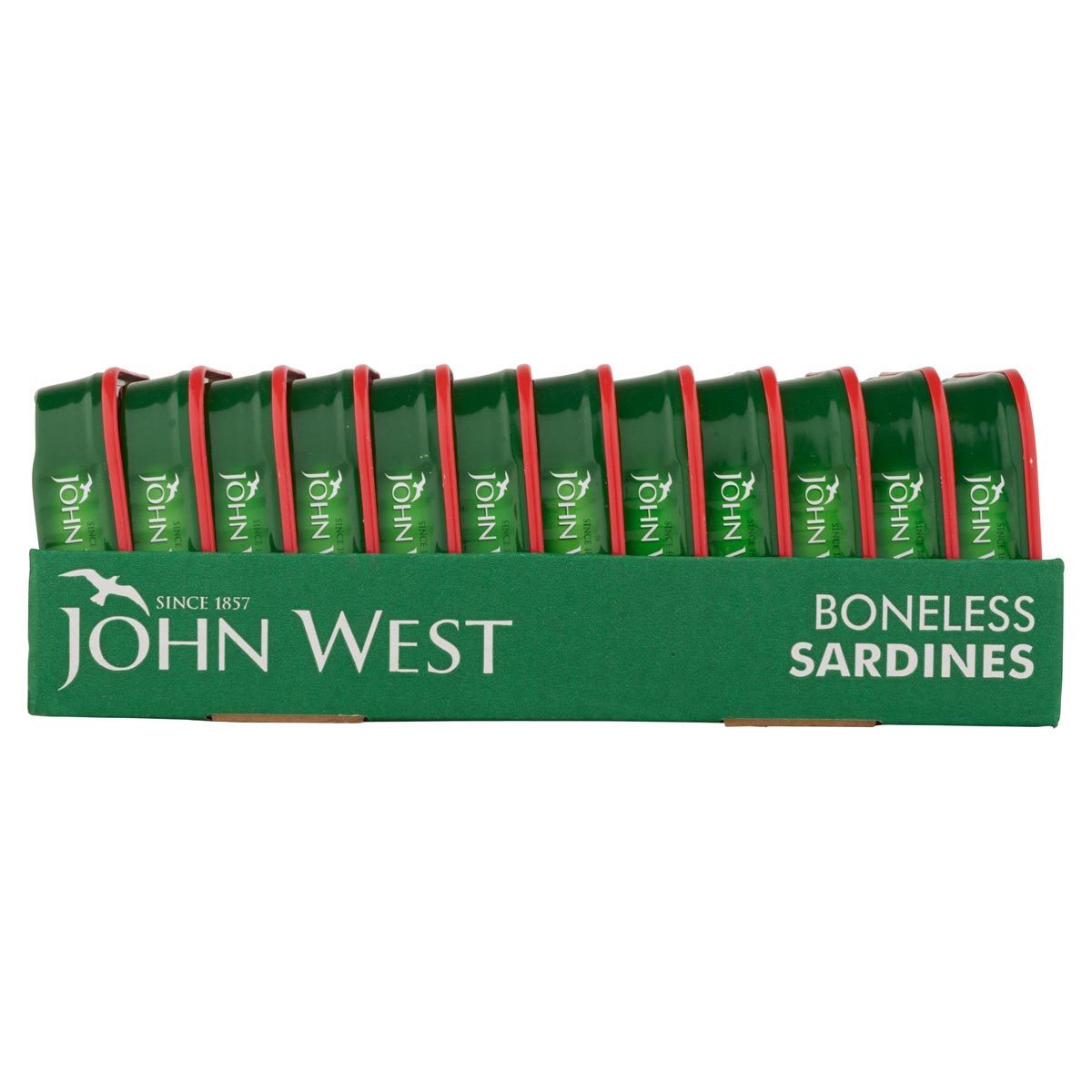 Side on image of tray of 12 x 95g John West Boneless Sardine Tins