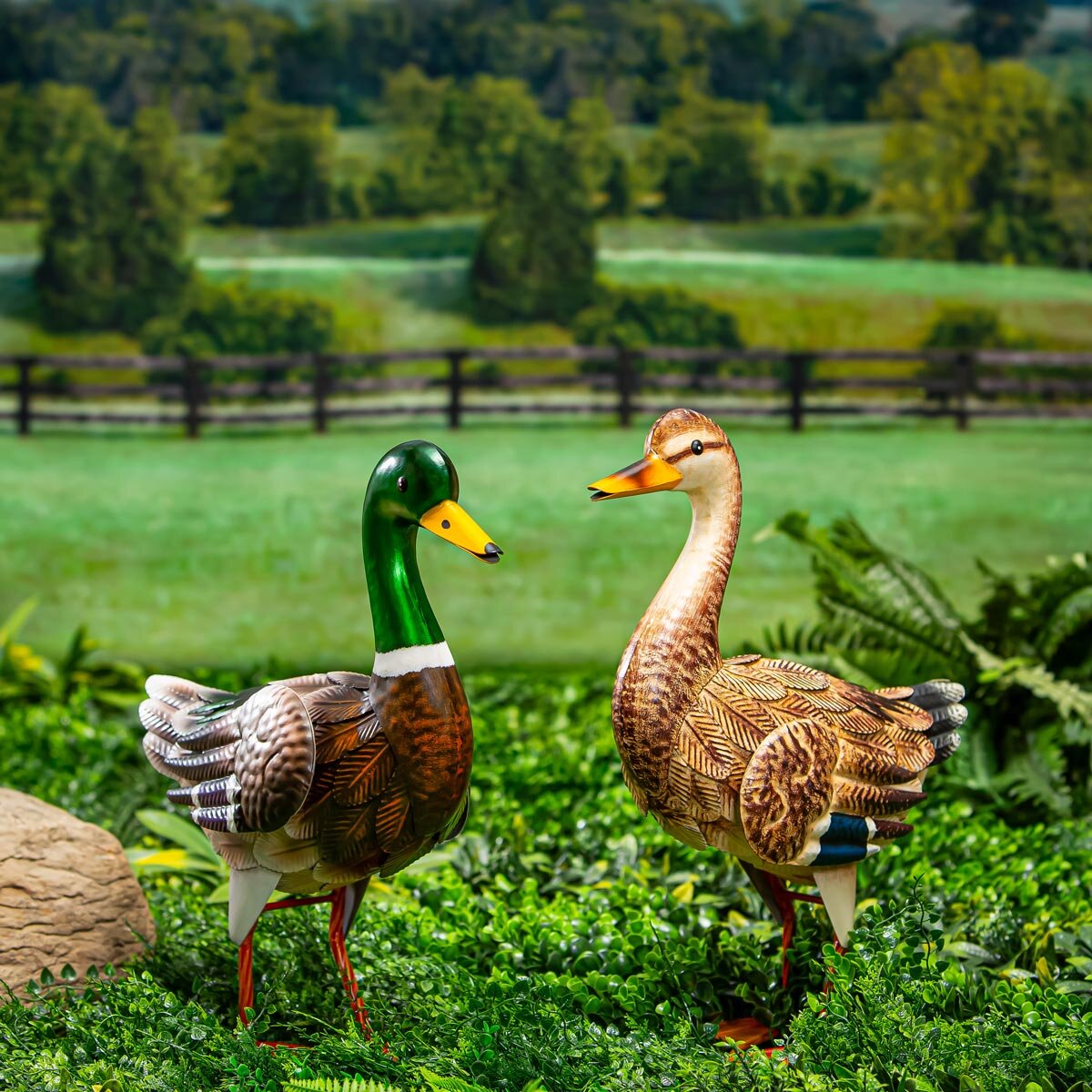 Metal Mallard Duck Statues, Set of 2