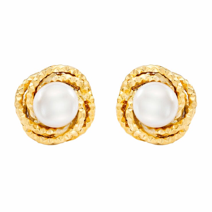 7-7.5mm Cultured Freshwater White Pearl Love Knot Earrings, 14ct Yellow Gold