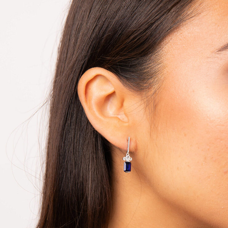 Diamonfire Sterling Silver Sapphire Cubic Zirconia Emerald Cut Drop Earrings Modeled Diamonfire Sterling Silver Sapphire Cubic Zirconia Emerald Cut Drop Earrings Modeled