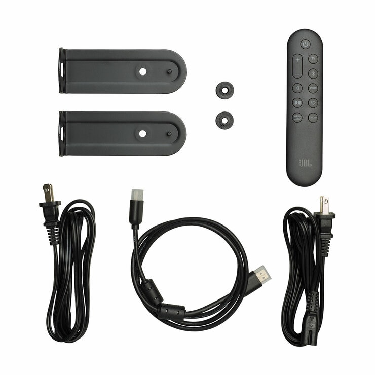 Product bundle image with remote, power chord and HDMI cable