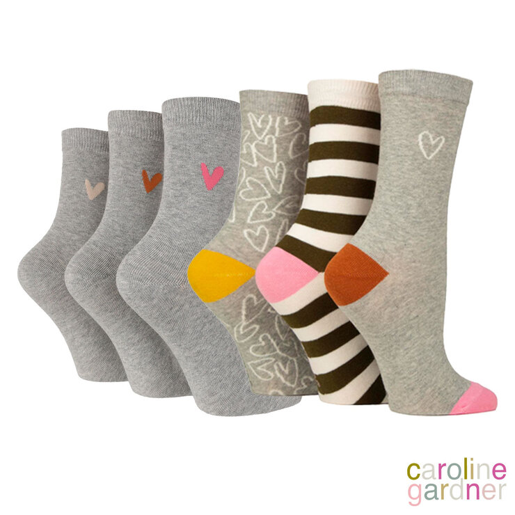 Caroline Gardner Ladies Crew Sock 6 Pack in Grey Caroline Gardner Ladies Crew Sock 6 Pack in Grey