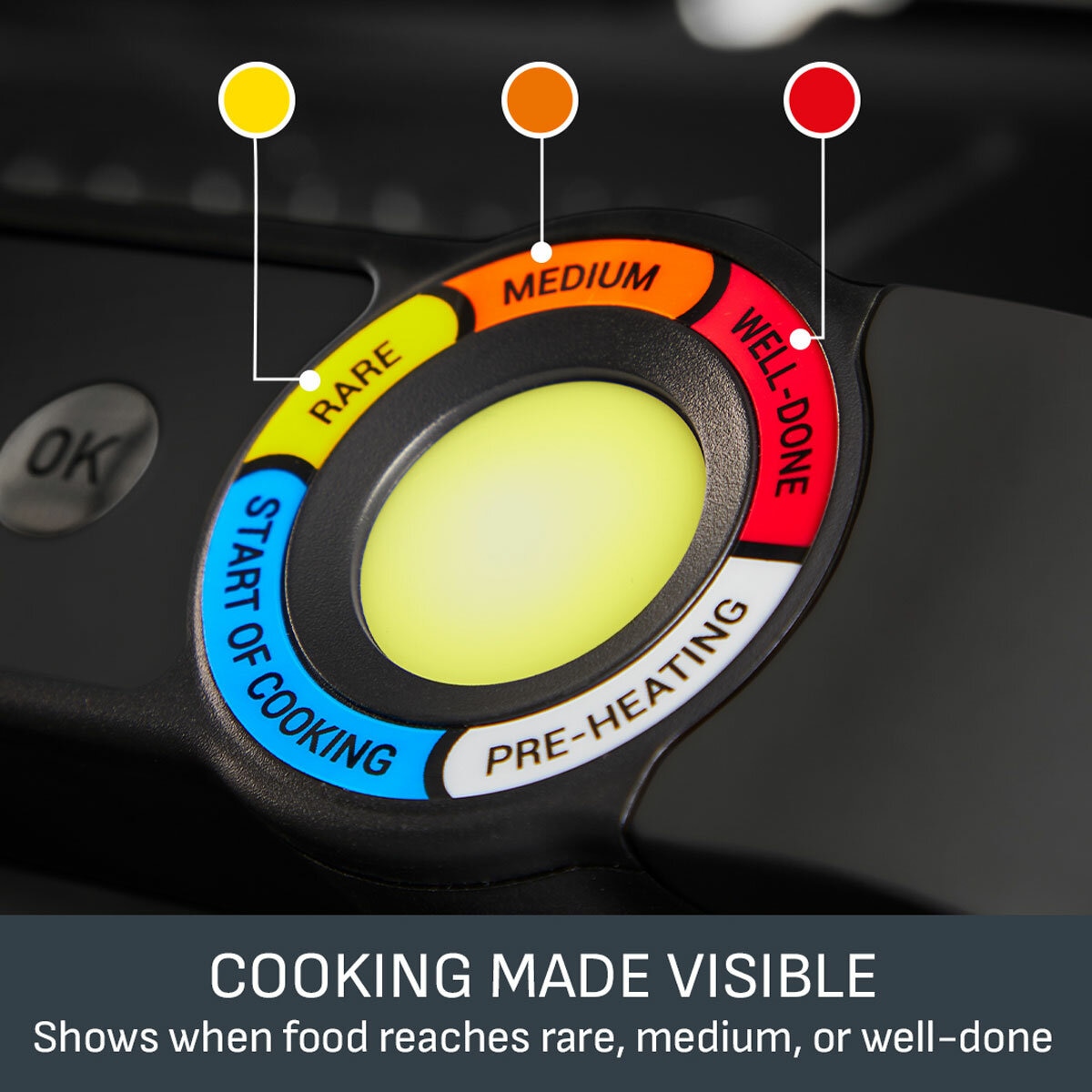 Lifestyle image of Tefal Oprigrill showing when food reaches rare, medium or well done