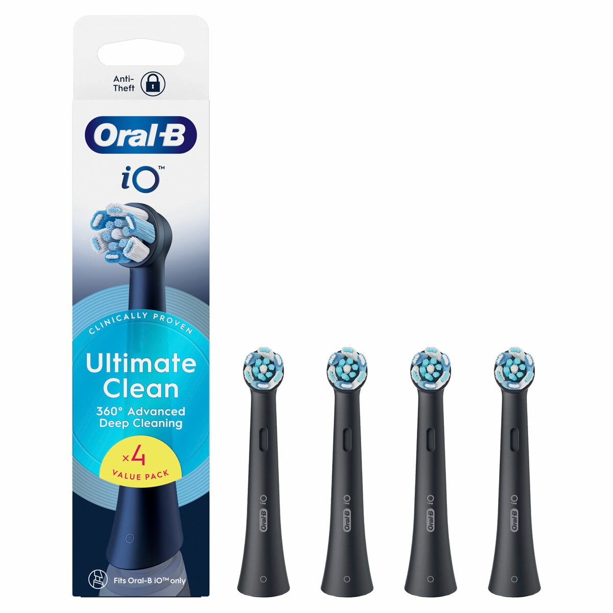 Oral B iO Ultimate Clean Brush Heads in Black 4 Pack with packaging