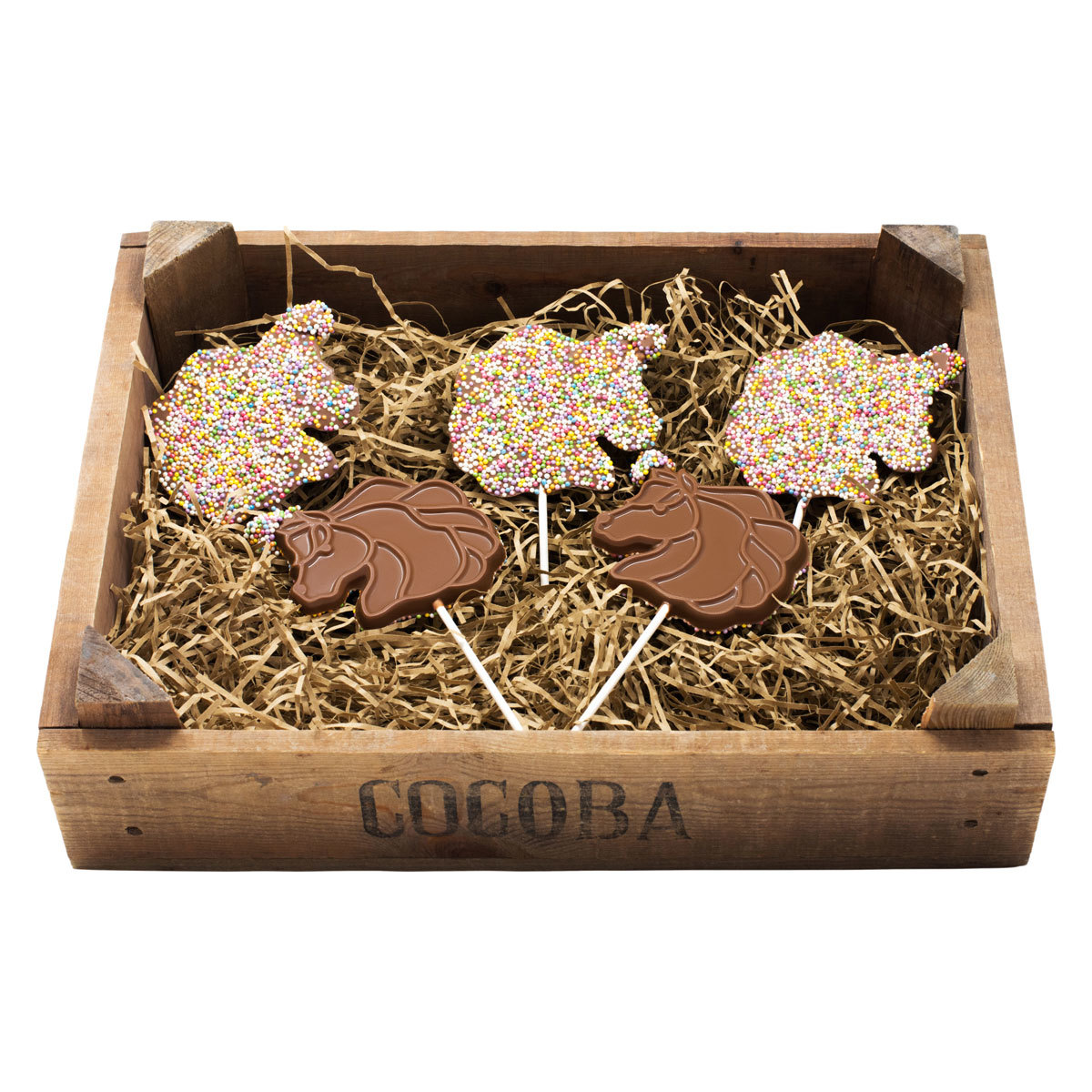 Choc Lollipops in wooden crate with tissue paper