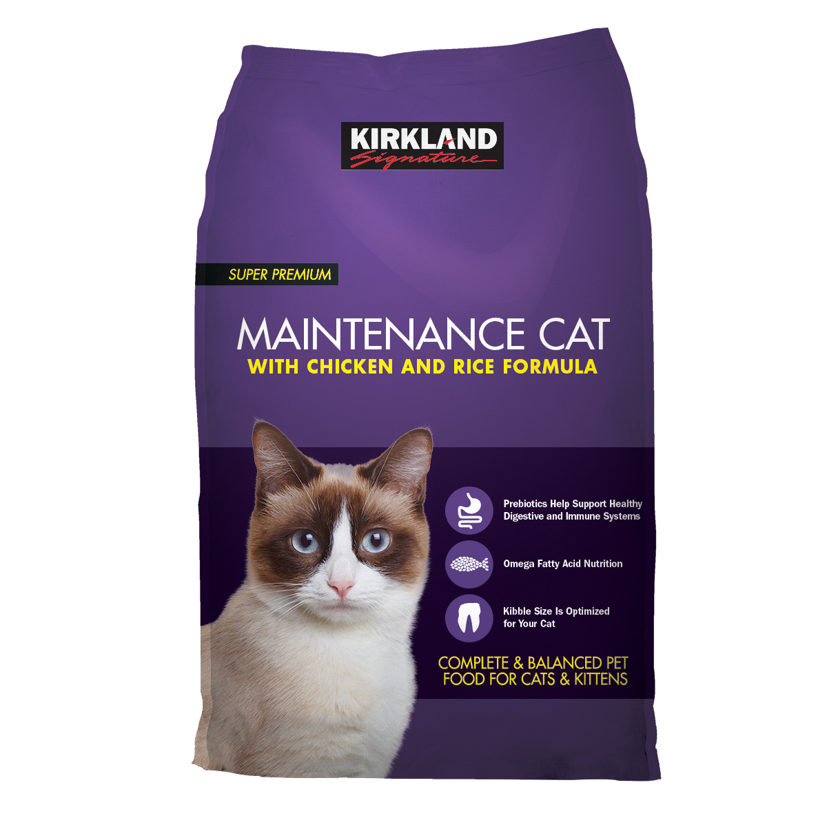 purple bag of cat food with features of product