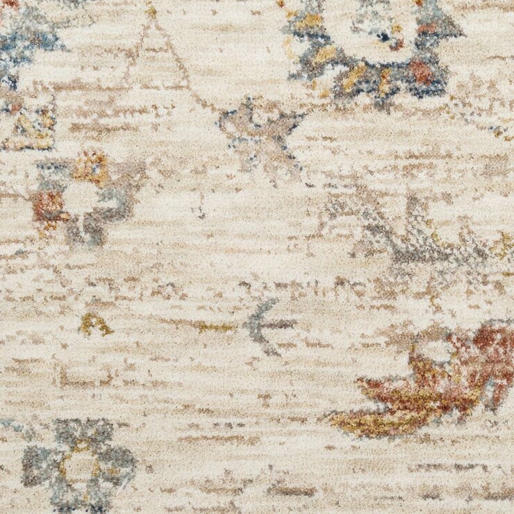 Beige rug with symmetrical floral and geometric pattern in muted blue, red, yellow, and grey