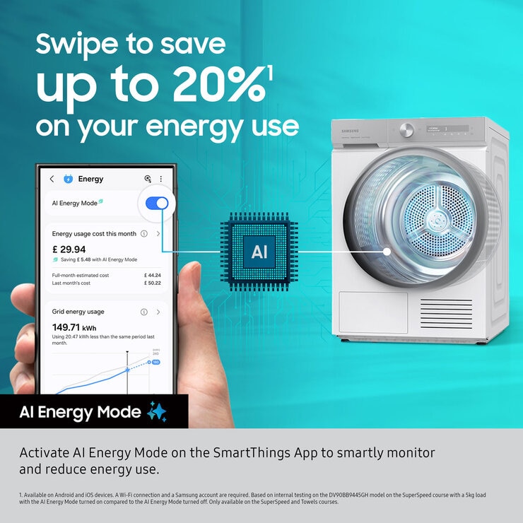 Samsung DV90F09F4SU1 9kg Heat Pump Tumble Dryer, A+++ Rated in Dark Steel
