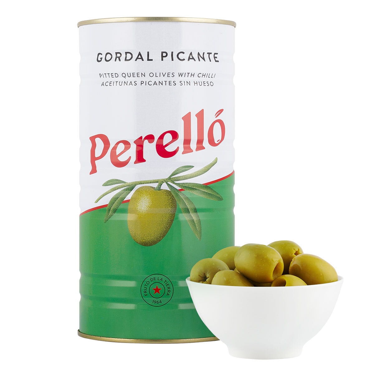 Brindisa Perelló Gordal Pitted Green Olives with Guindilla Chillies, 3 x 600g