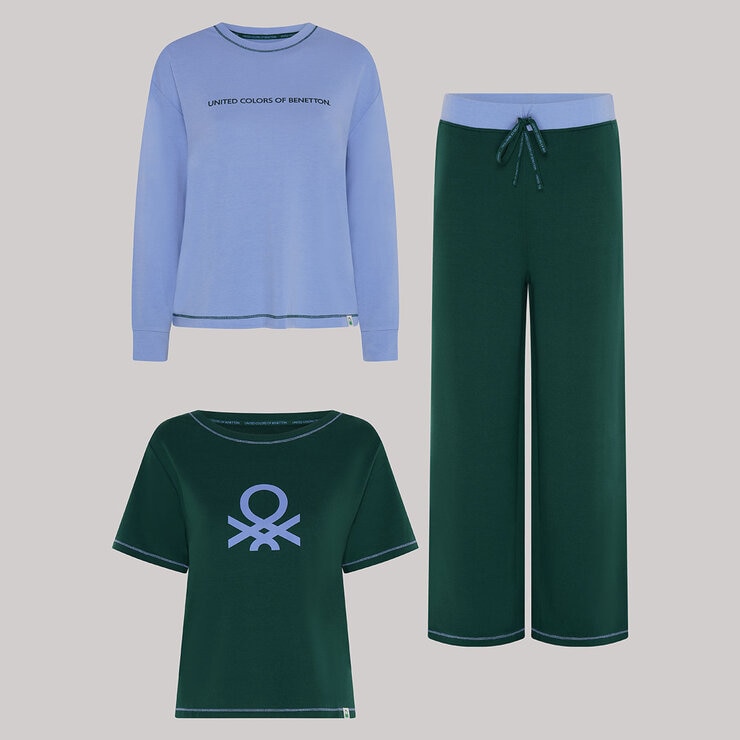 United Colors of Benetton Ladies Two Piece Pyjama Set in Green/Blue United Colors of Benetton Ladies Two Piece Pyjama Set in Green/Blue