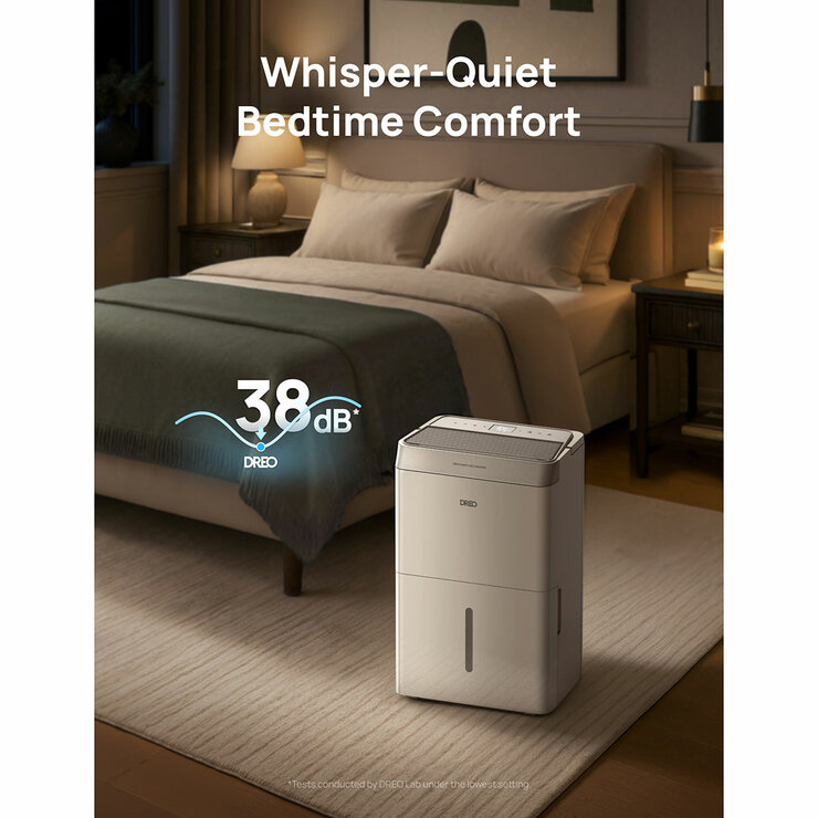 Lifestyle image of Dreo 16L Smart WiFi Dehumidifier showing whisper quiet bedtime comfort