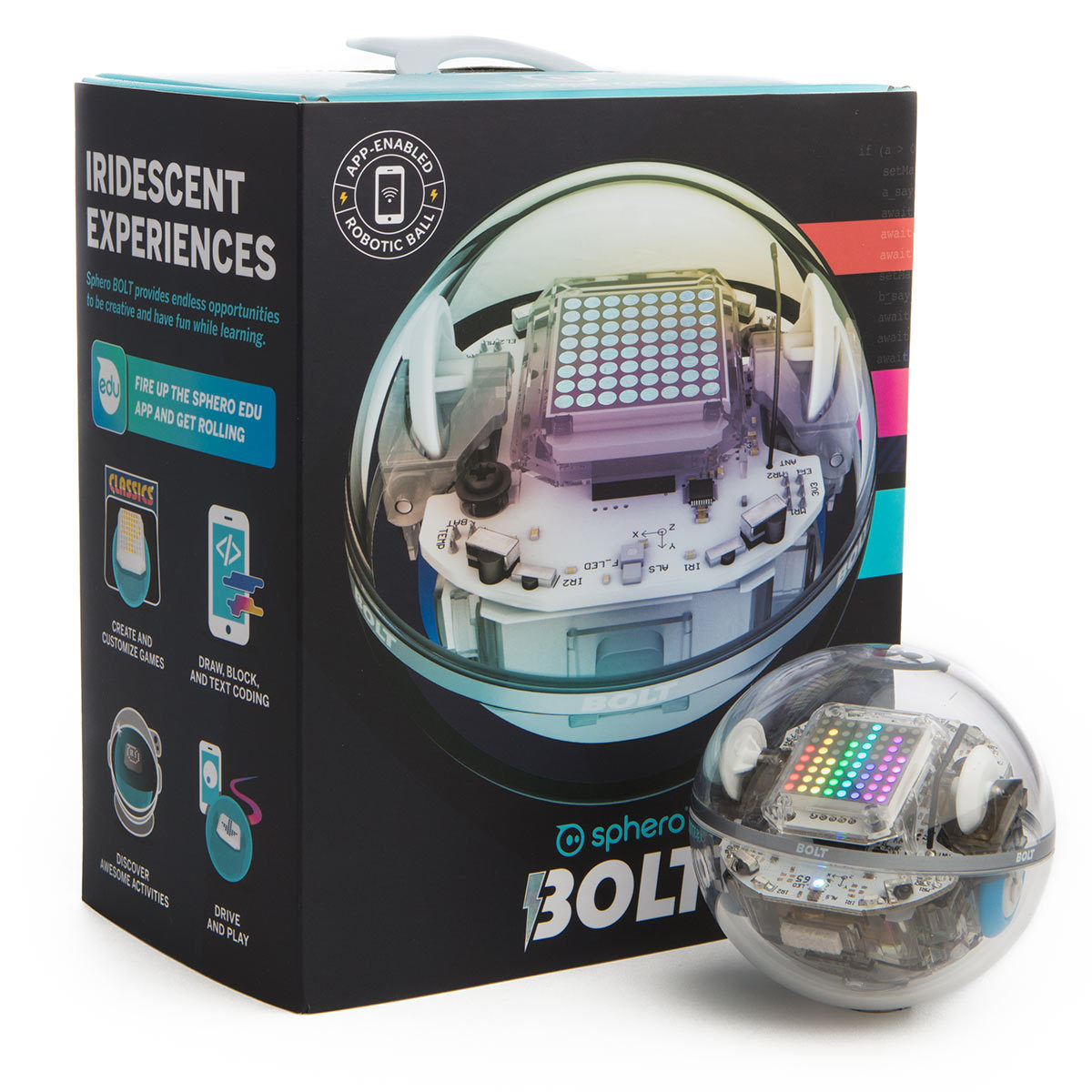 Boxed image of the sphero BOLT with the individual sphero infront