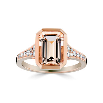 Emerald Cut Morganite & 0.19ctw Diamond Ring, 18ct Rose Gold