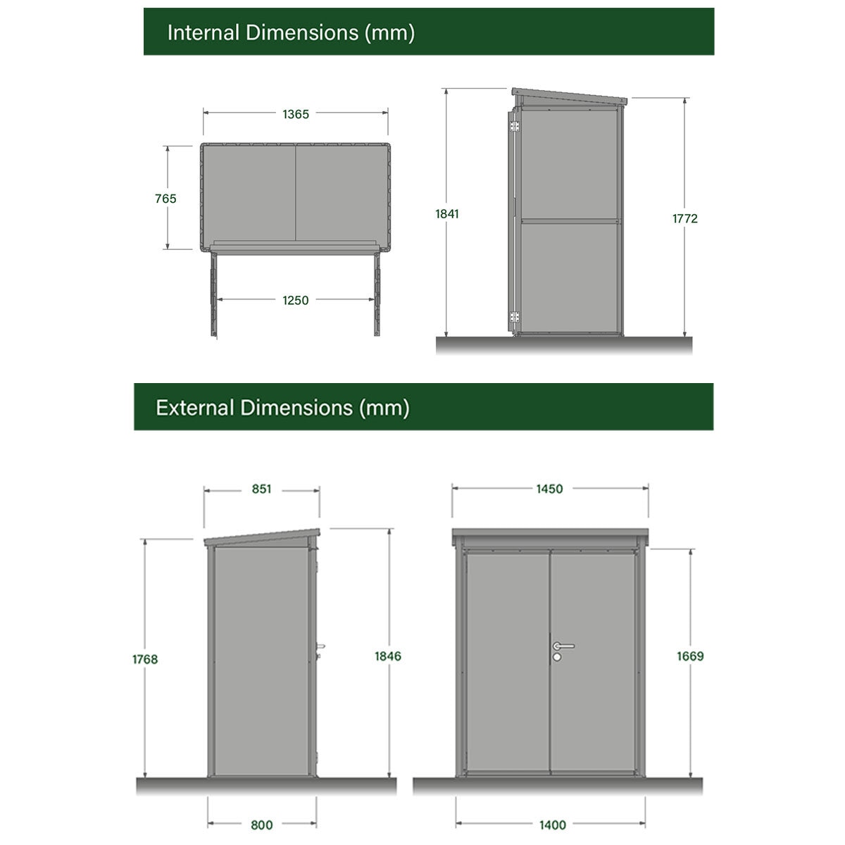 Stone Garden 4ft 7" x 2ft 6" (1.45 x 0.8m) Vertical 1,887 Litre Steel Shed in Green