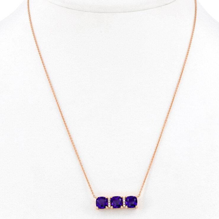Cushion Cut Amethyst & 0.04ctw Diamond Necklace, 14ct Rose Gold