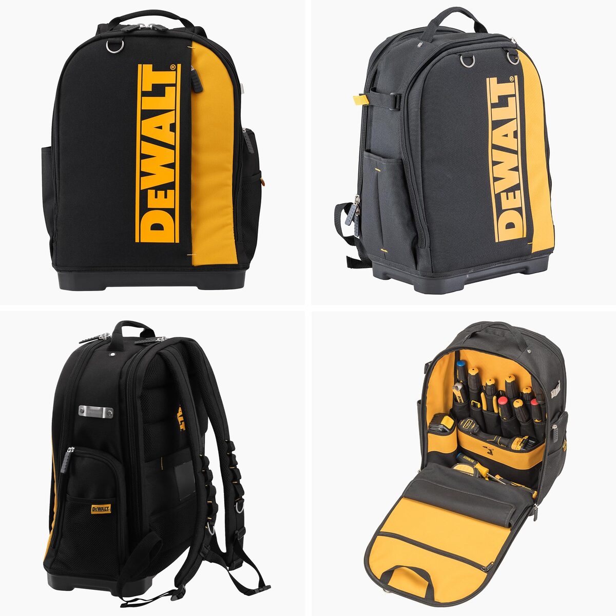 Cut out images of dewalt backpacks from different angles on white background