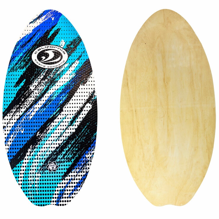 Studio image of the back and front of the skimboard