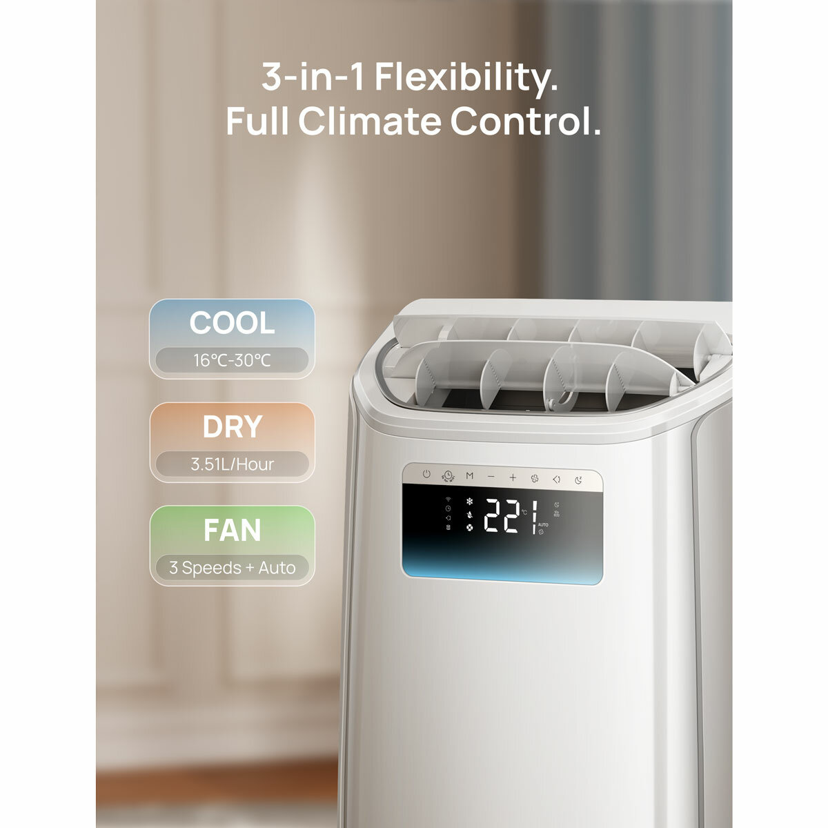 Lifstyle image of Dreo Smart 3-in-1 Portable Air Conditioner in living room