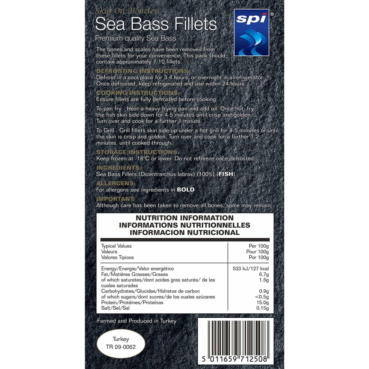 Back of pack of Sea Bass Fillet