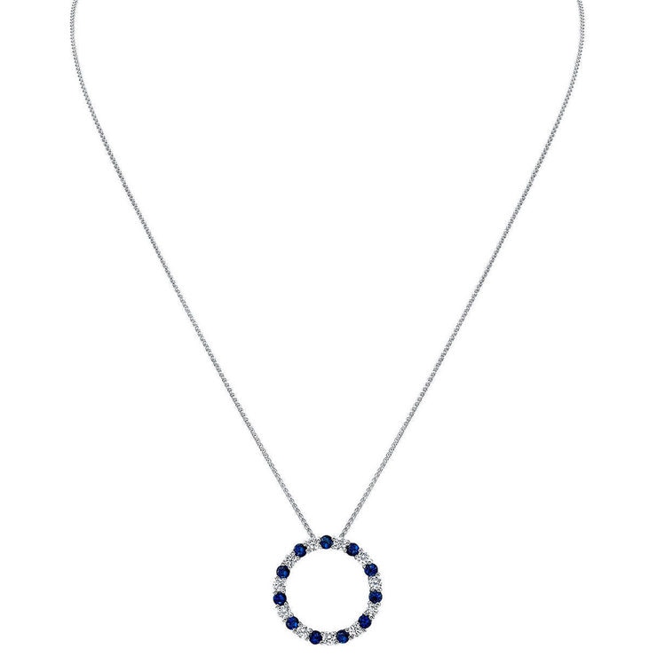 Round Cut Blue Sapphire & 0.66ctw Diamond Circle Pendant, 14ct White Gold