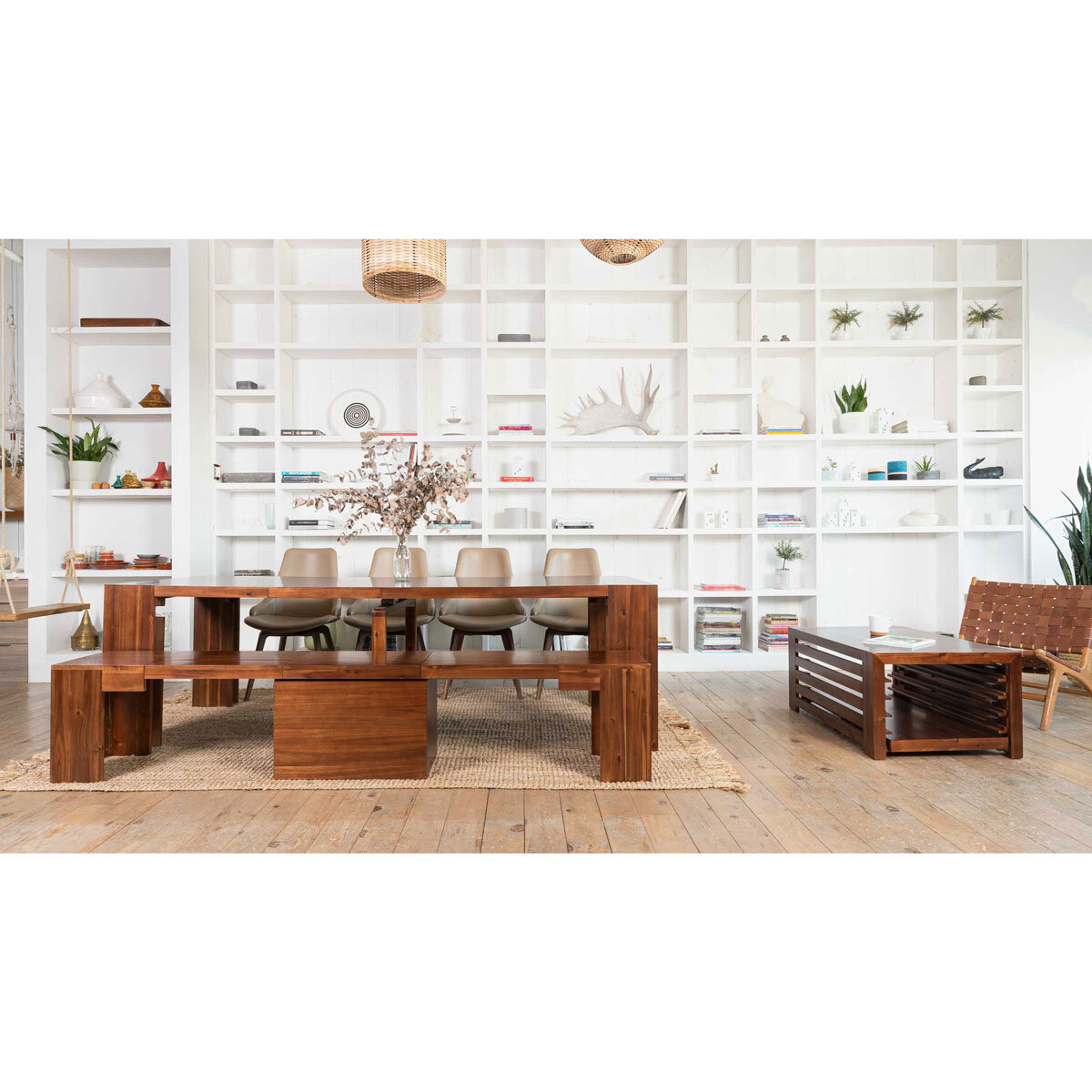 Transformer Extending Dining Table in American Mahogany with One Bench and Coffee Table 