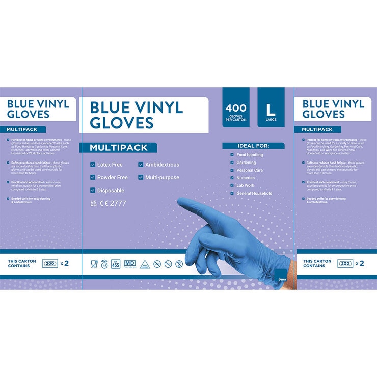 Jena Blue Vinyl Gloves, 400 Pack in Large