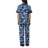 DKNY Ladies Notch Collar 3 Piece PJ Set in Blue/Yellow Leaves