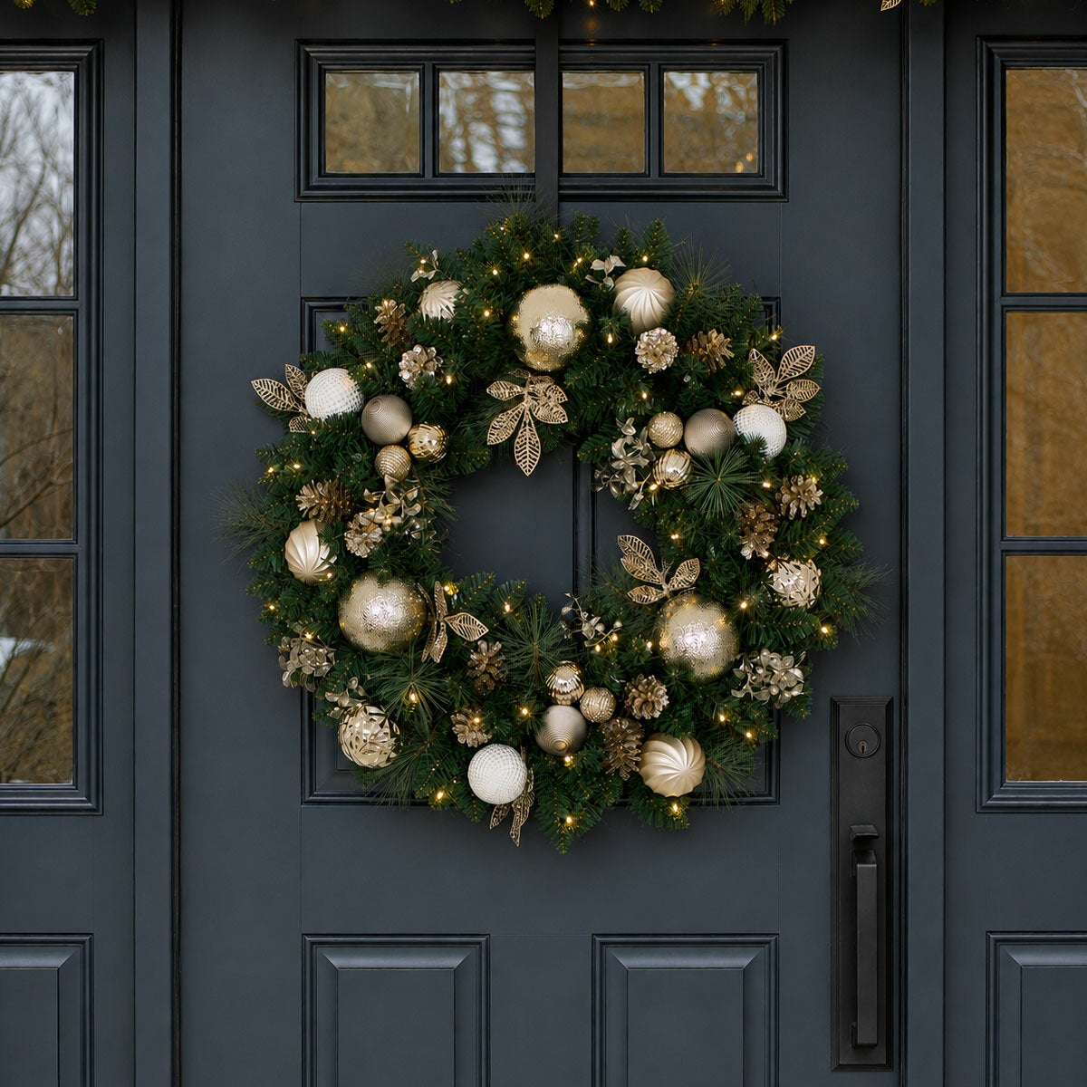 30 inch (76cm) Pre-Lit Decorated Wreath with 50 LED Lights in Metallic 30 inch (76cm) Pre-Lit Decorated Wreath with 50 LED Lights in Metallic