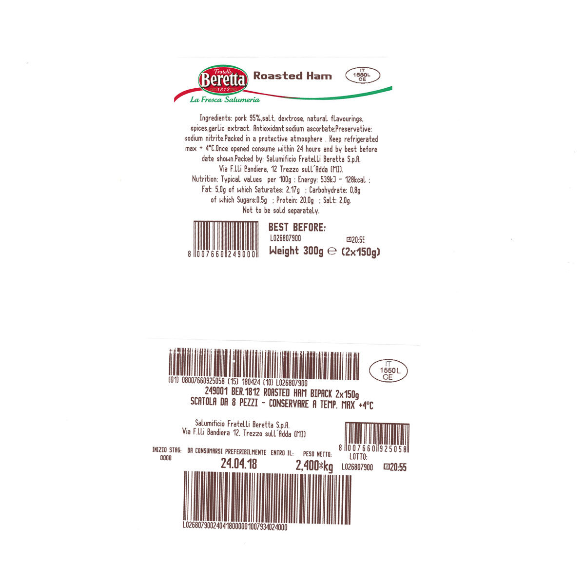 Back of pack label for 2 X 150G Pack of Beretta Roasted Ham