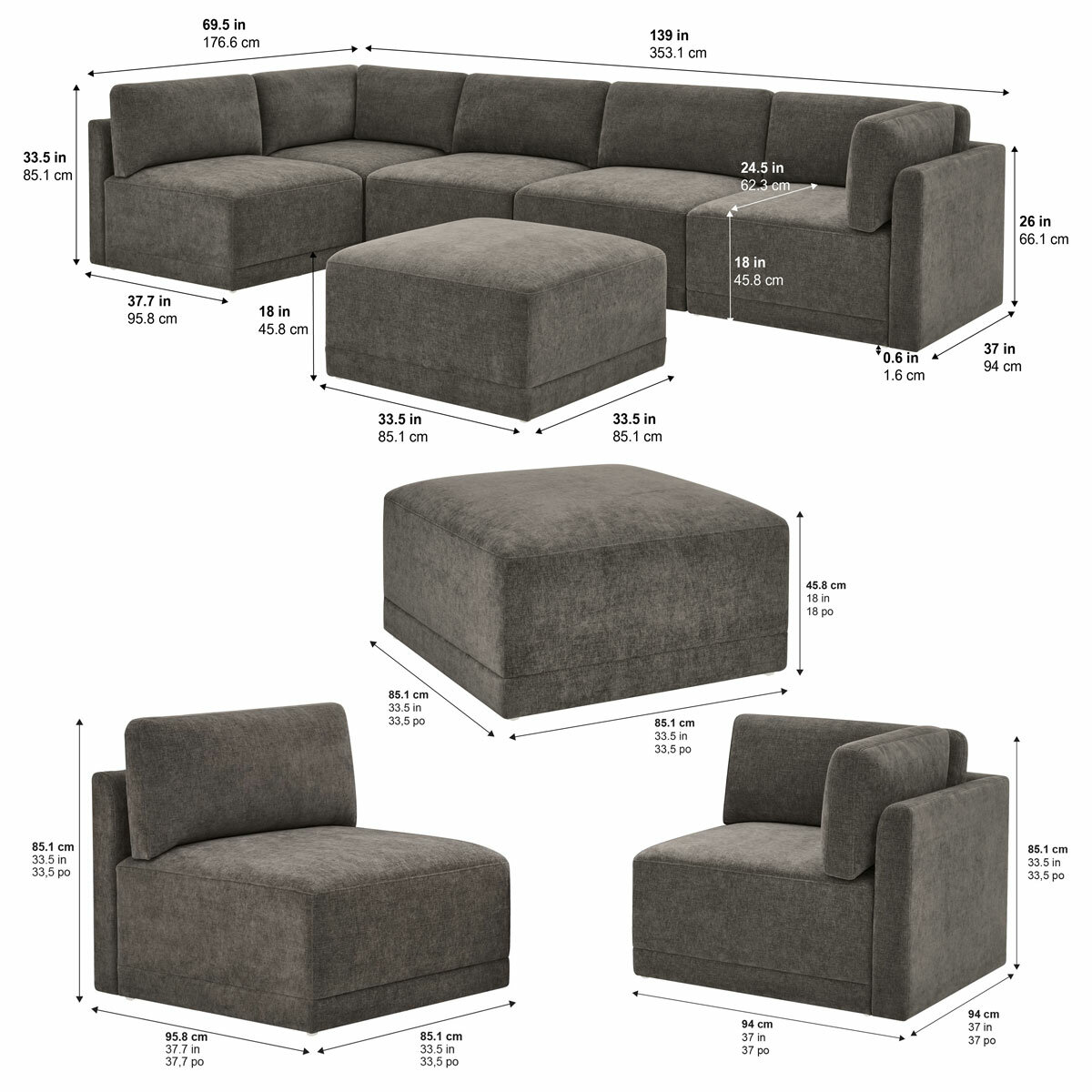 Thomasville Fallon Grey 6 Piece Modular Fabric Sofa