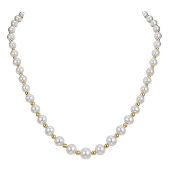 5-9mm Cultured Freshwater Pearl and Gold Bead Graduated Necklace, 14ct Yellow Gold