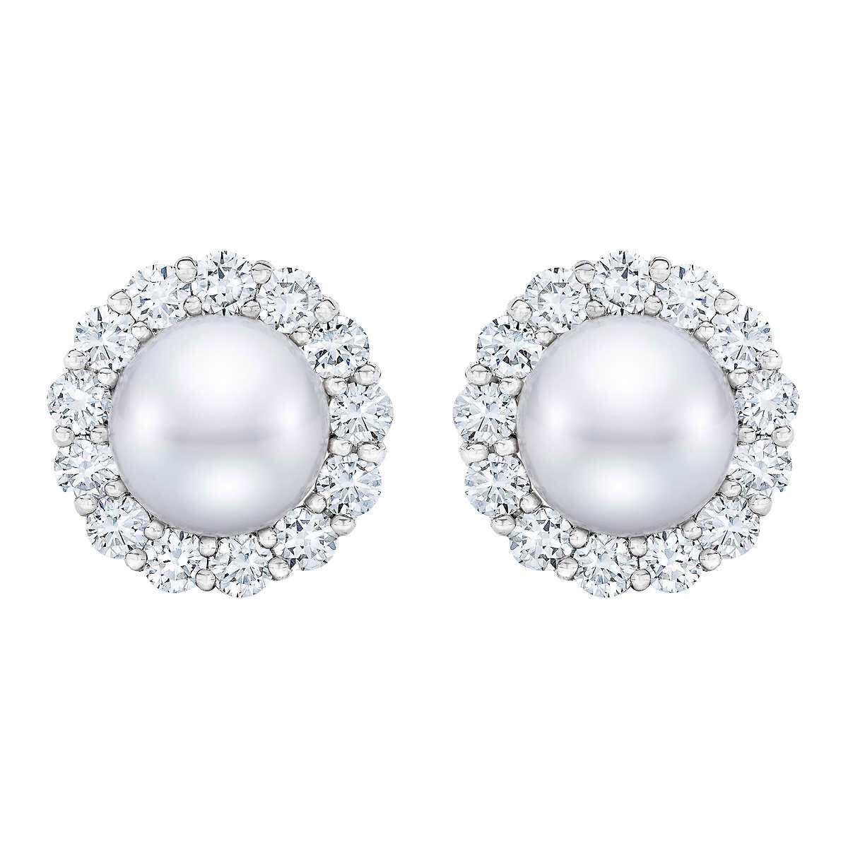 9-10mm Cultured Freshwater White Pearl & 1.95ctw Diamond Earrings, 14ct White Gold