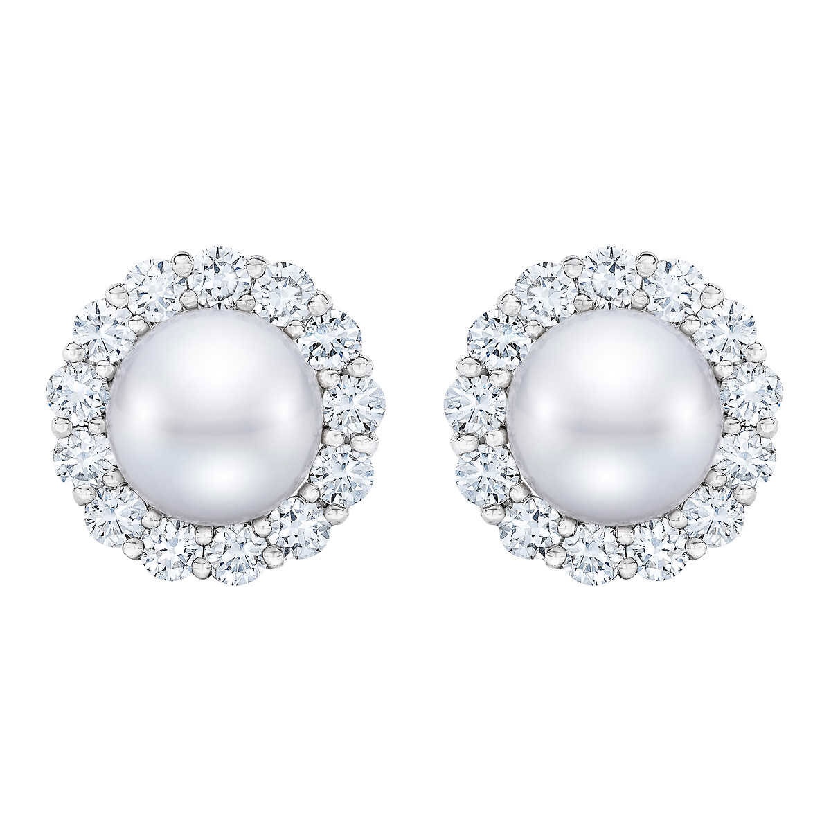 9-10mm Cultured Freshwater White Pearl & 1.95ctw Diamond Earrings, 14ct White Gold