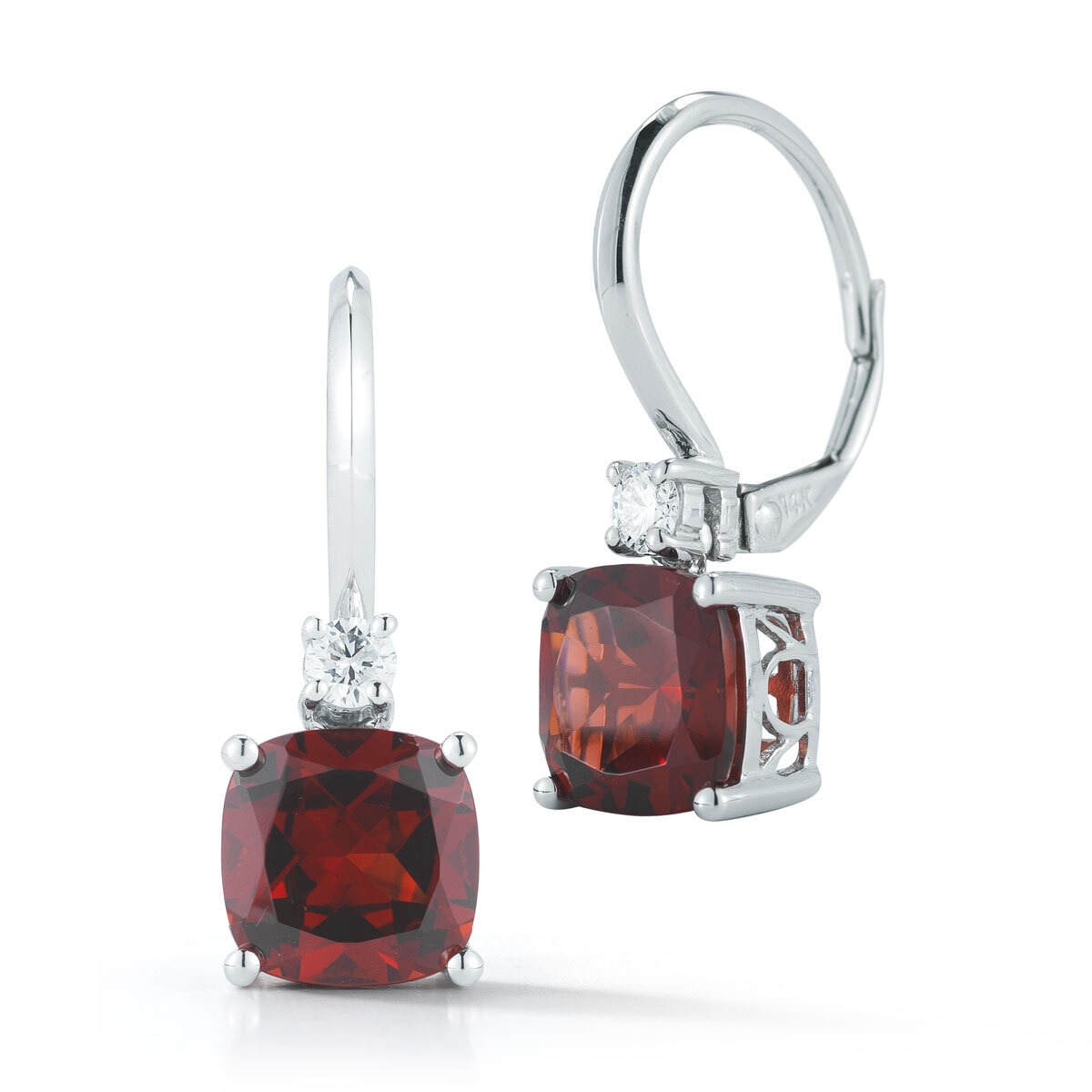 Cushion Cut Garnet and Diaond Hoop Earrings, 14k White Gold