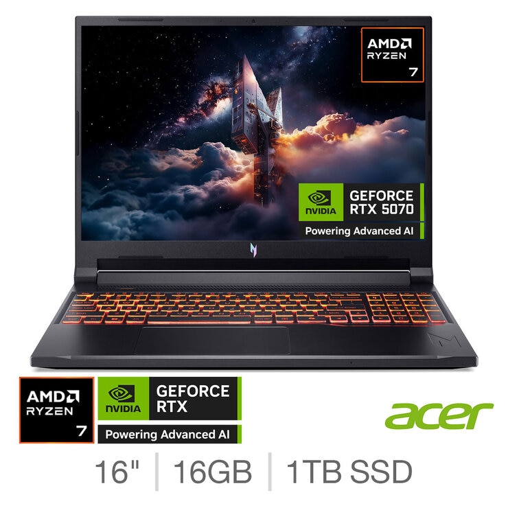 Acer Nitro V16, AMD Ryzen 7, 16GB RAM, 1TB SSD, NVIDIA GeForce RTX 5070, 16 Inch Gaming Laptop, NH.QYYEK.002
