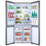 Front view of fridge, doors open, showing food