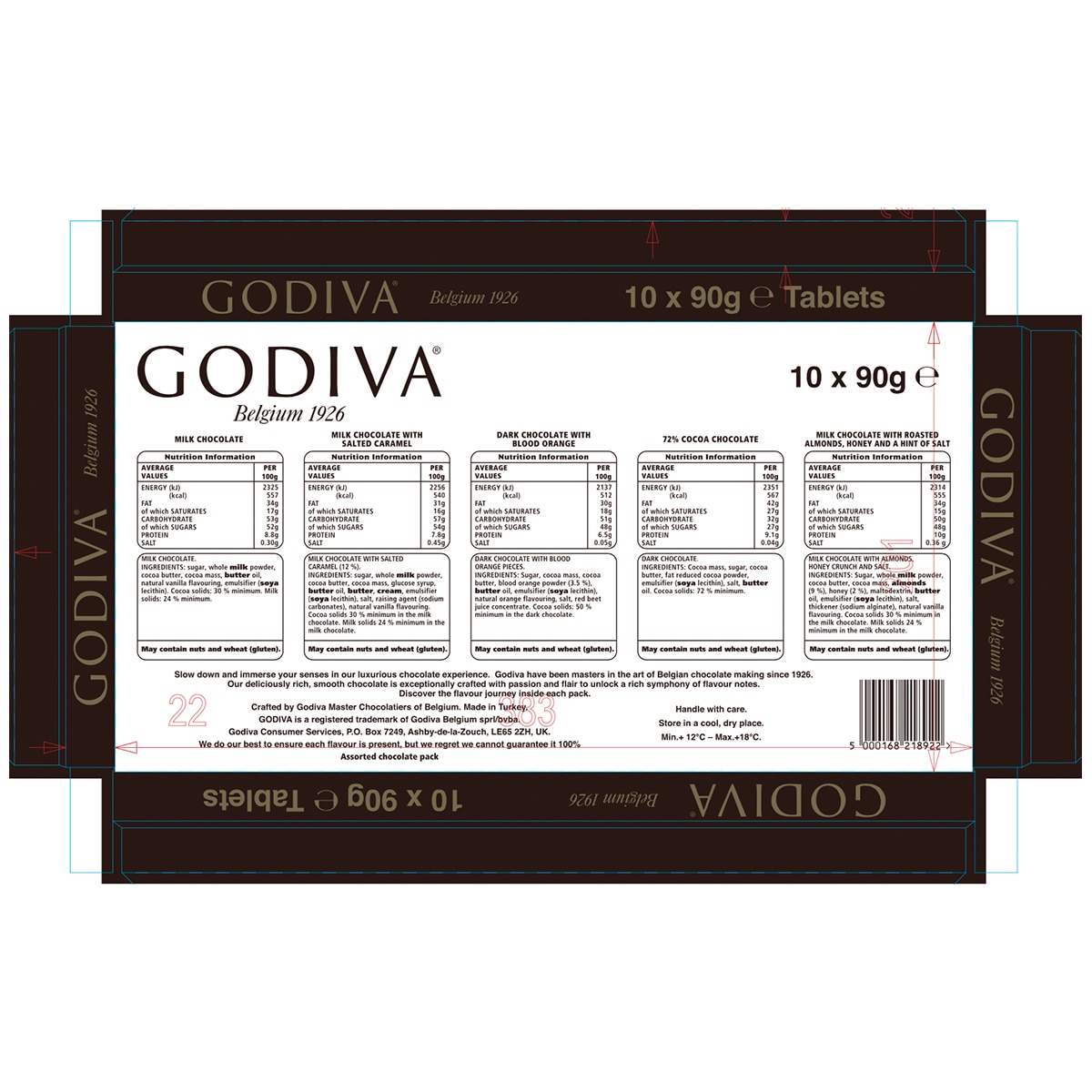Godiva Chocolate Bar Assortment, 10 x 90g