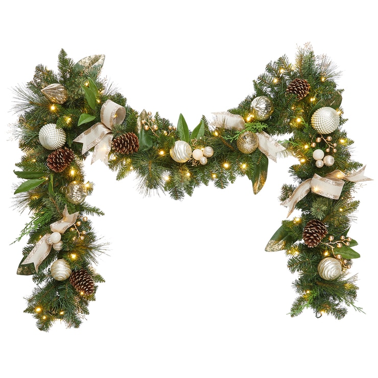 9ft (274.3 cm) PreLit Garland With Plug In Lights in Magnolia and Gold