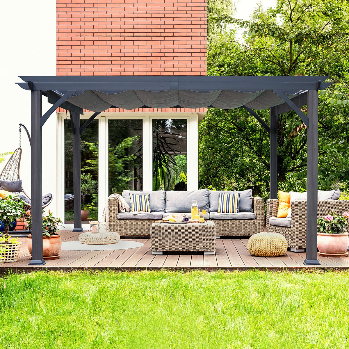 Wood-Look Pergola with Canopy + Curtains