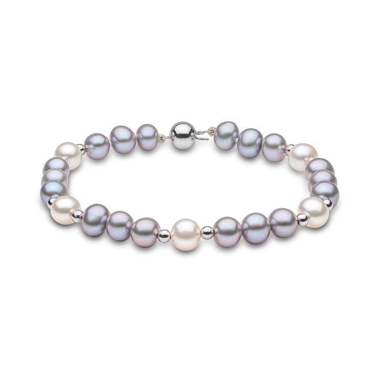 6-7mm Cultured Freshwater White & Grey Pearl Bracelet, 18ct White Gold 6-7mm Cultured Freshwater White & Grey Pearl Bracelet, 18ct White Gold