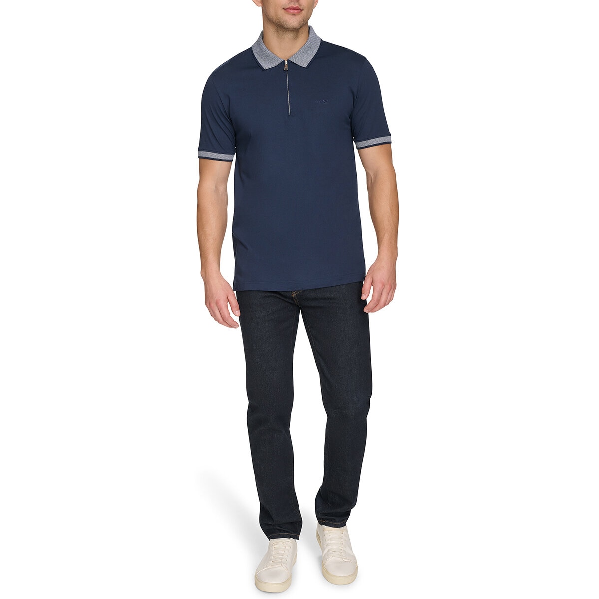 DKNY Men's Zip Collar Polo in Navy, Large