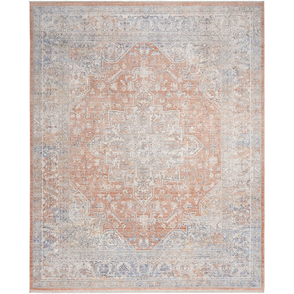 Elegant heirloom rug, tradtional design in rust, grey, blue and ivory tones